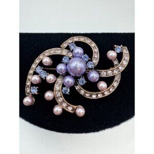 Gorgeous Brass Brooch Pink And Purple Rhinestone And Faux Pearl 2.25"